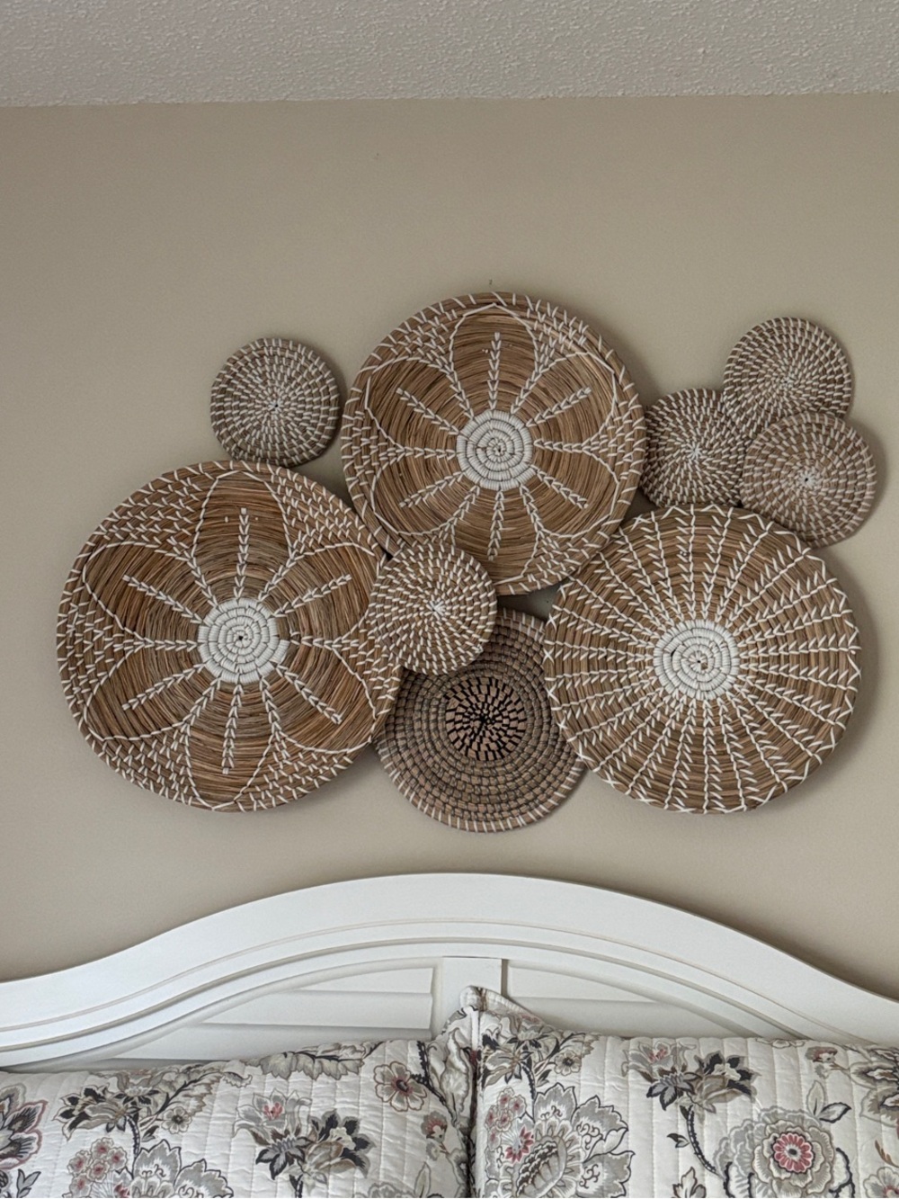 Handwoven Rattan Wall Basket Set of 11 - Natural and White